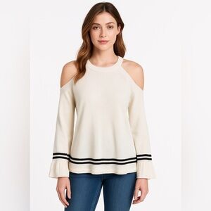 Knitted & knitted cold/off shoulder ruffle sleeve stripe cotton sweater top